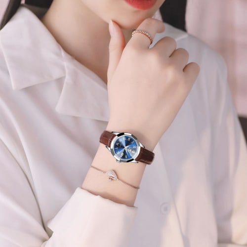 OLEVS Women's Watch, Waterproof, Leather Band Arm Watch, Cute, Date, Women's Watch, Roman Alphabet, Quartz Watch, Stylish, Analog Luminous Watch, Ladi