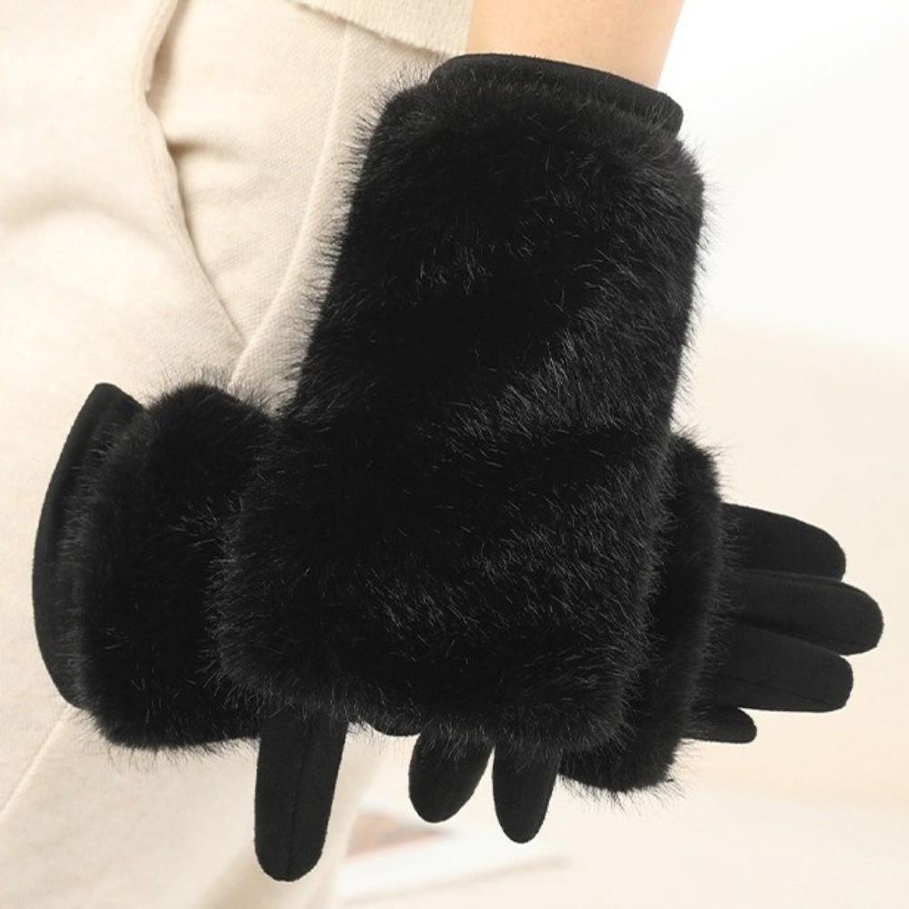 Solid Color Women Winter Gloves Rabbit Faux Fur Thermal Mittens Fashion Suede Gloves Girl