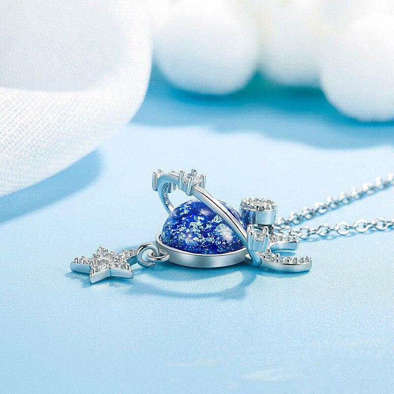 NewL Collana con ciondolo a forma di pianeta blu in argento Sterling 925 per donna con stelle e design