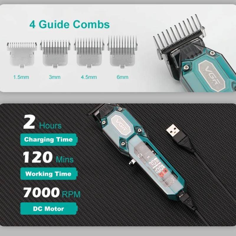 New VGR 900 T-shaped Blade Hair Clipper Transparent Body Electric Professional Men's Hair Clipper LED Intelligent Digital Carving Electric Thruster