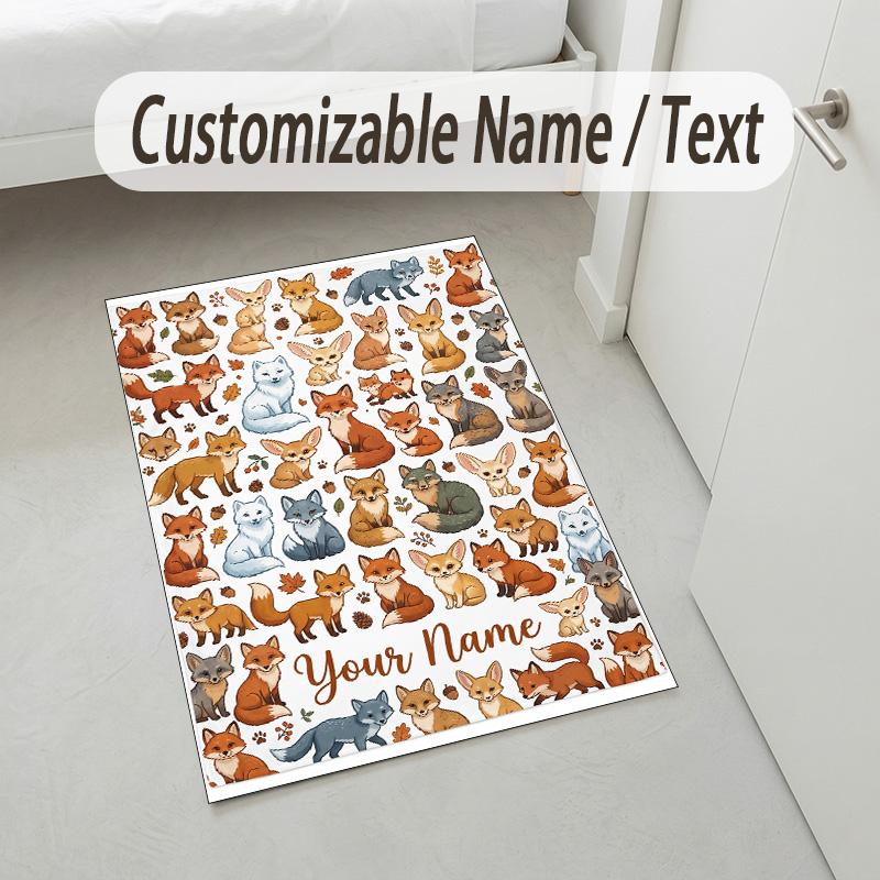 Autumn Fox Theme Soft Crystal Velvet Rug Custom Name & Text Print Non Slip Floor Rug for Bedroom Living Room