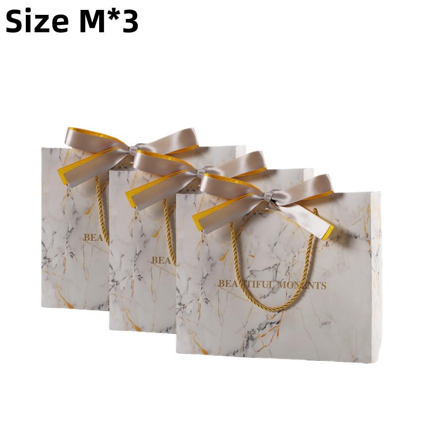 3pcsMarble Pattern Gift Bag Birthday Festival Party White Storage Tote Bag Gold Ribbon Baking Gift Packaging Paper Bag