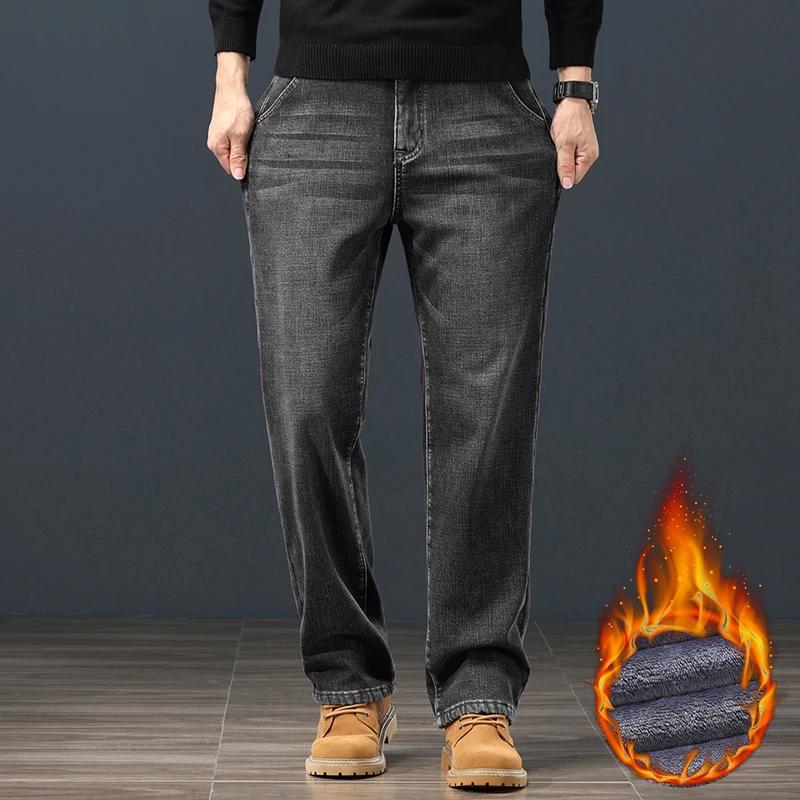 Winter Fleece Warm Herren Jeans Klassisch Locker Gerade Plüsch Denim Hose Verdickt Mode Stretch Lässig Thermohose
