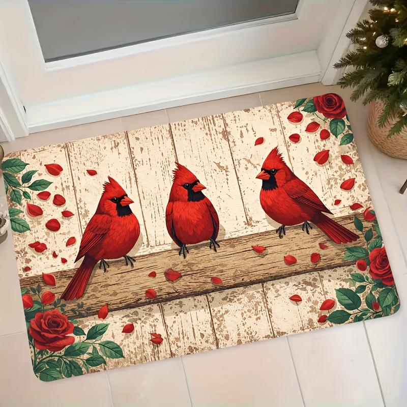 1pc Cardinal & Red Rose Wood Grain Floor Mat Suitable for Bathroom, Kitchen, Entrance - Non-Slip Absorbent with Adhesive Backing, Machine Washable Sof