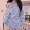 Korean High-End Lace Bow Off-Shoulder Blue Sweater - Women's Autumn/Winter Relaxed Fit Top