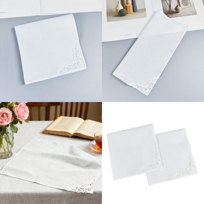 2Pcs French Lace Cotton Ladies Handkerchief with Lace Edge Handkerchiefs Breathable Ladies Hankies for Outdoor Commuting