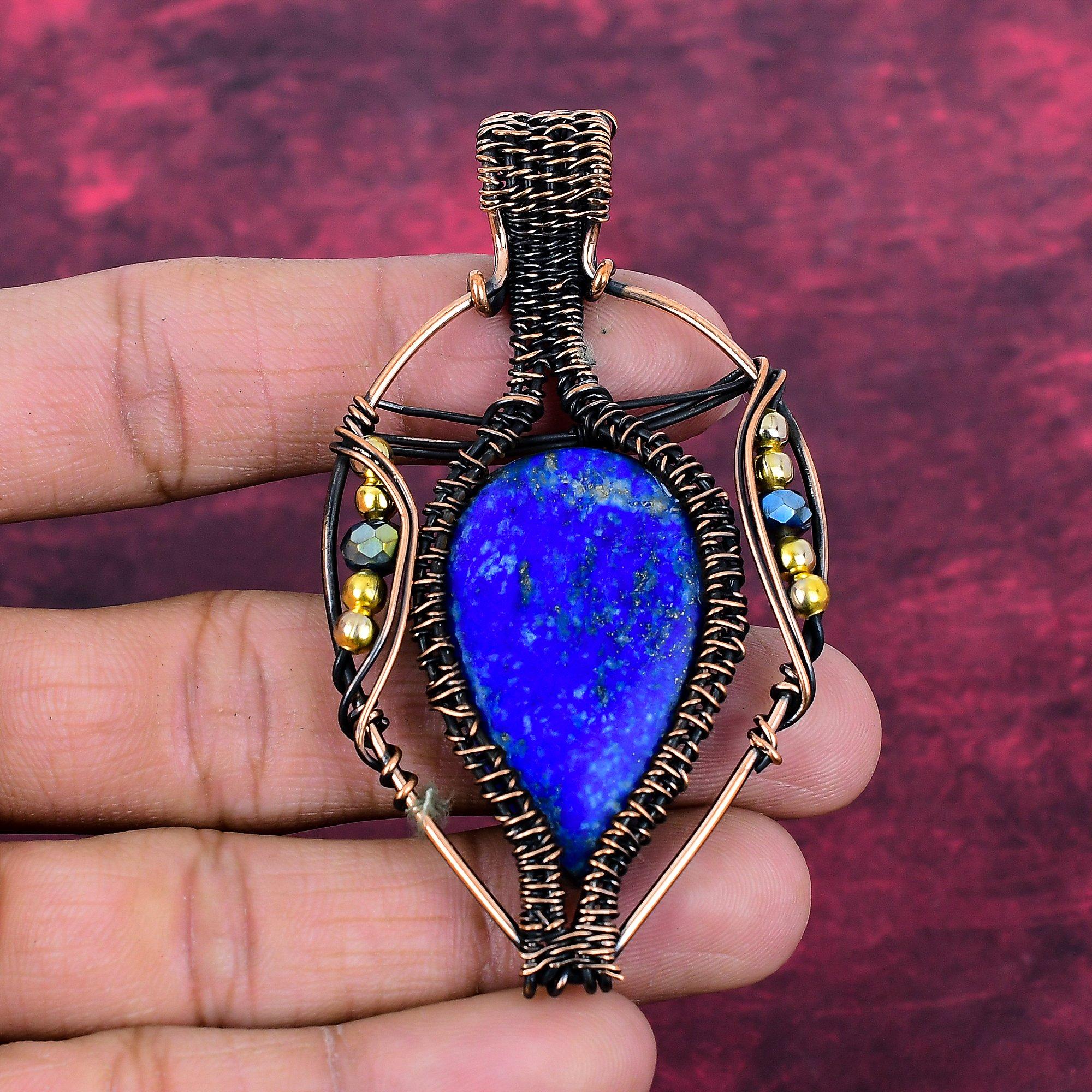 Lapis Lazuli Pendant Handmade Real Gemstone Jewelry Copper Wire Wrapped Pendant