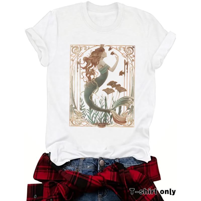 Women's Summer Casual T-shirt Mermaid Pattern Round Neck Short Sleeve Top