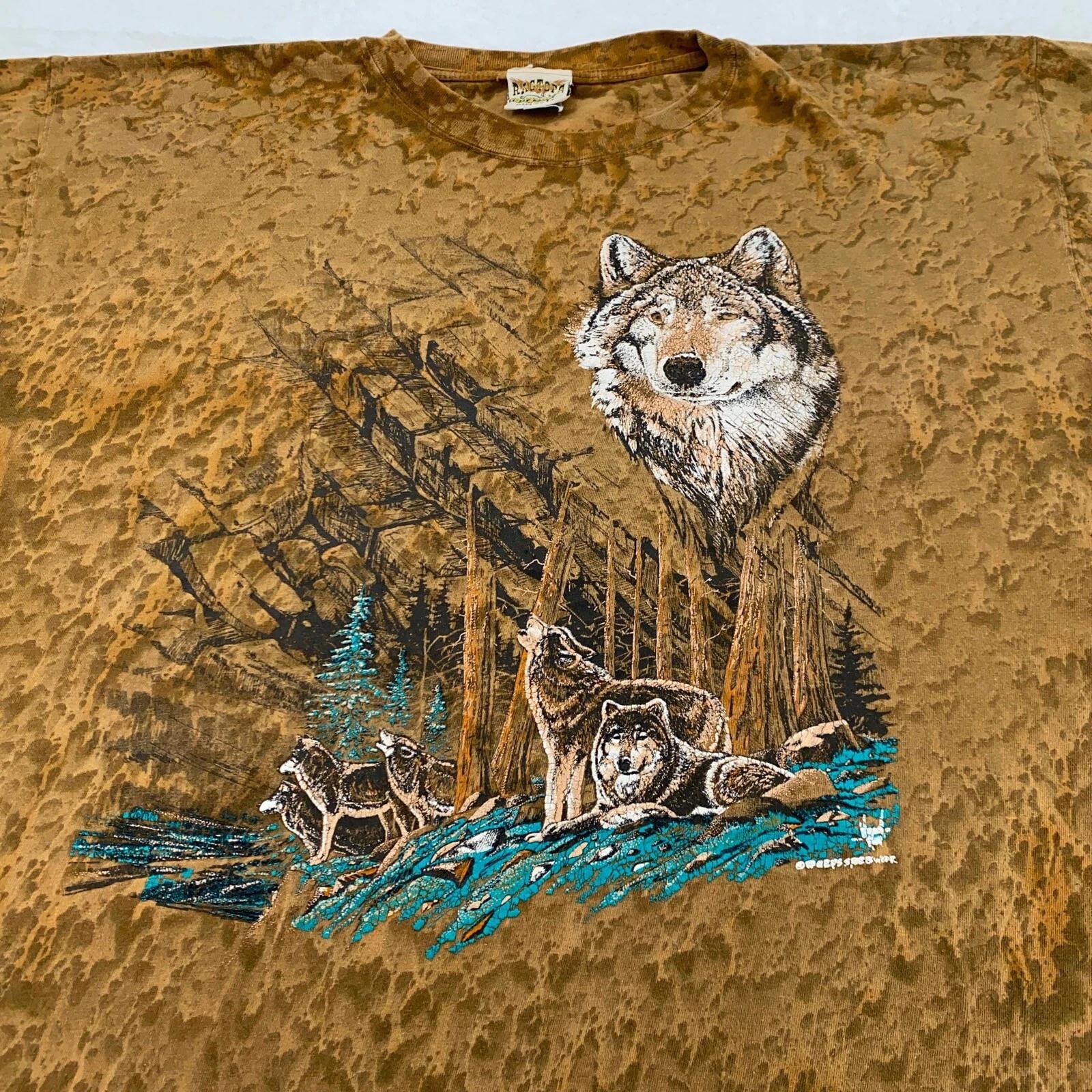 винтажная футболка tie-dye с принтом WOLF PACK 90-х годов XL животные природа M