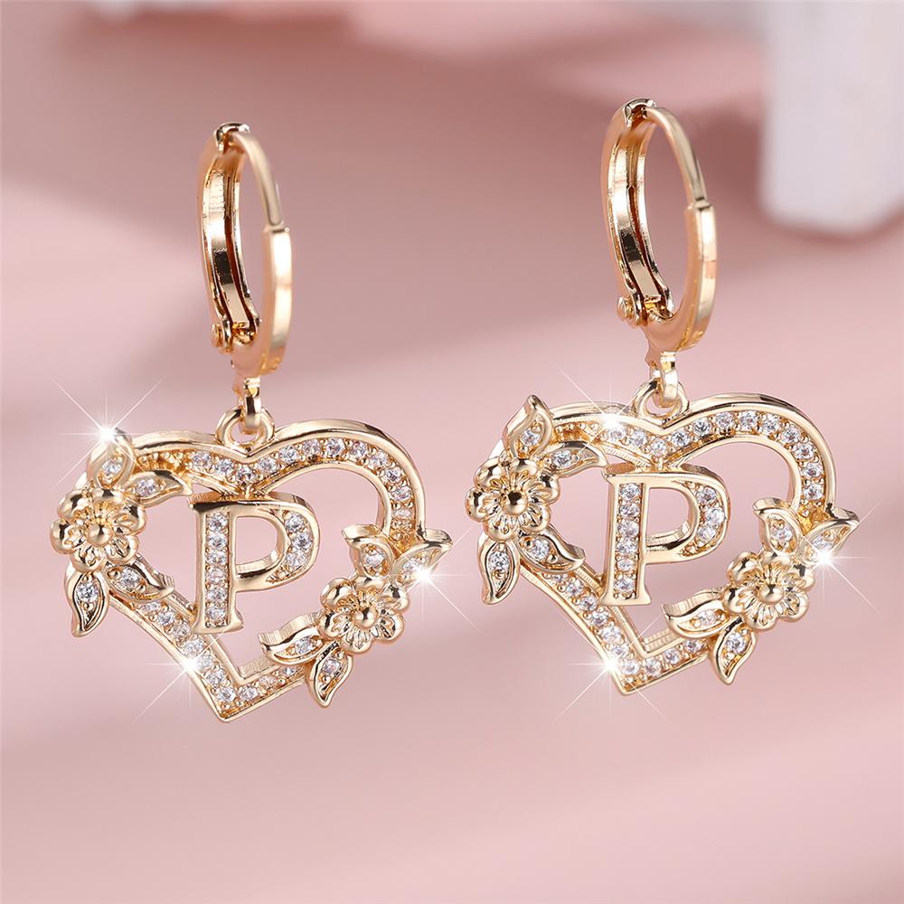 Vintage Hollow Love Heart Flower A-Z 26 Letters Hoop Earrings Yellow Gold Color White Zircon Earring Wedding Jewelry For Women