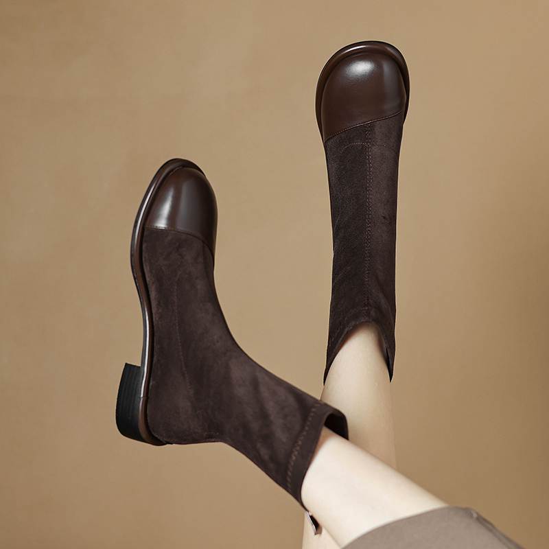 Krazing Pot Flock Autumn Winter Shoes Low Heels Size 43 Stretch Boots Back Patch Work Street Wear Elastic Ankle Boots