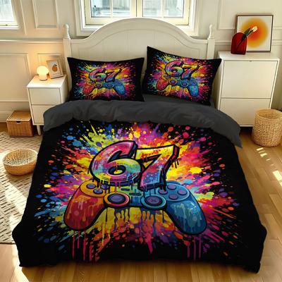 3PCS Duvet Cover Set SIX SEVEN 67 Gam Colorful Splatter Graffiti Print Bedding Kids Boys Soft Microfiber Quilt Cover