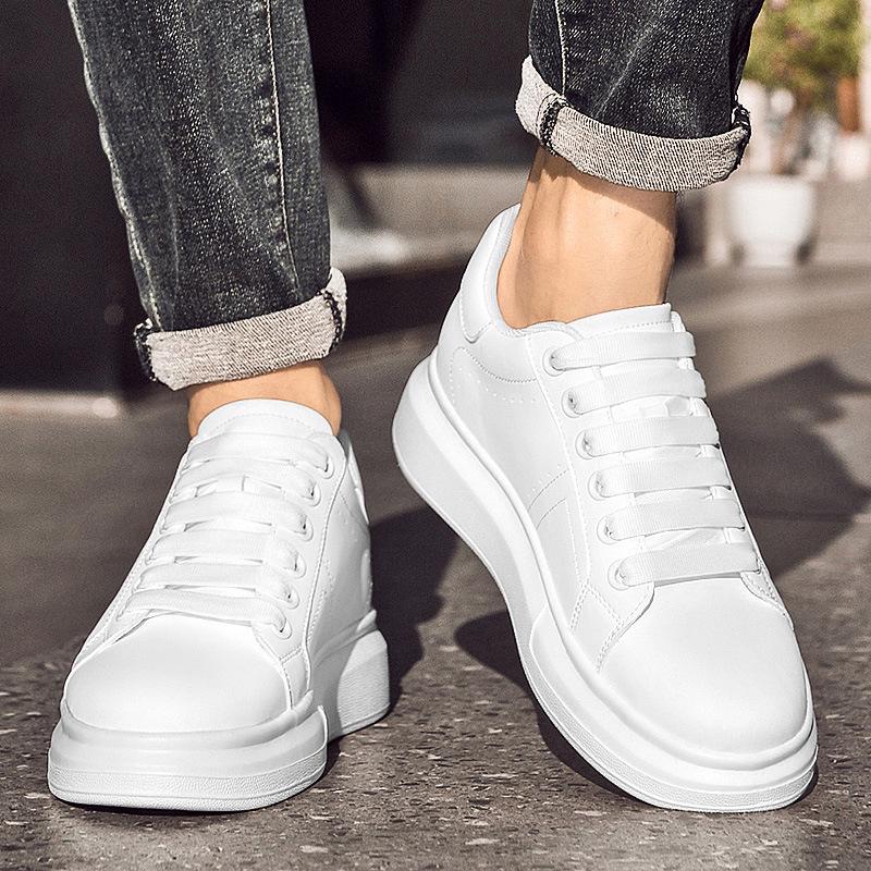 Men's 8CM Height-Boosting White Low-Top Cowhide Casual Shoes, Thick Sole, Large Sizes, Youth Fashion