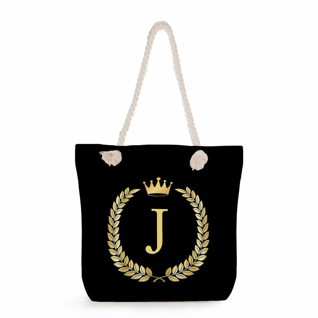 Black letters on a black background print thick rope single-shoulder beach bag 7289 CLE