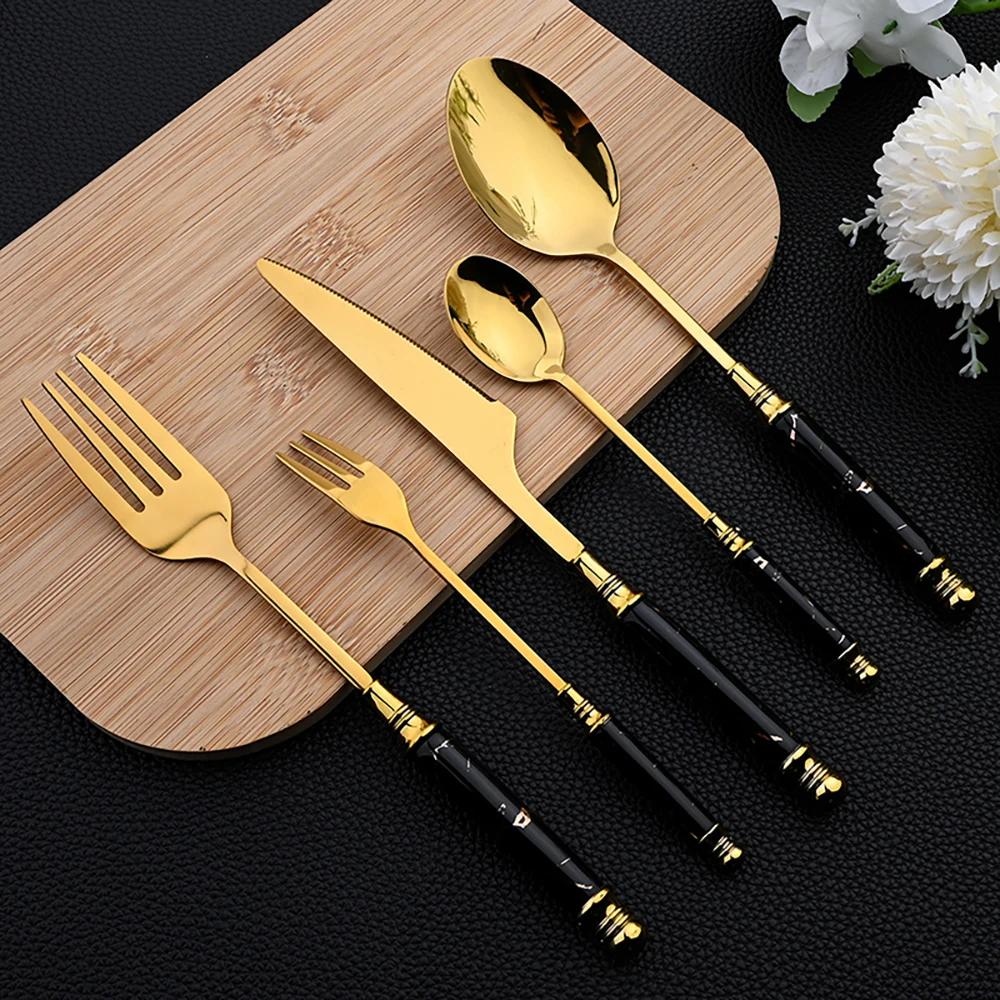 24Pcs Cutlery Set Stainless Steel Dinnerware Kitchen Fork Knife Tea Spoon Tableware Set Flatware Set Gold Silverware Set