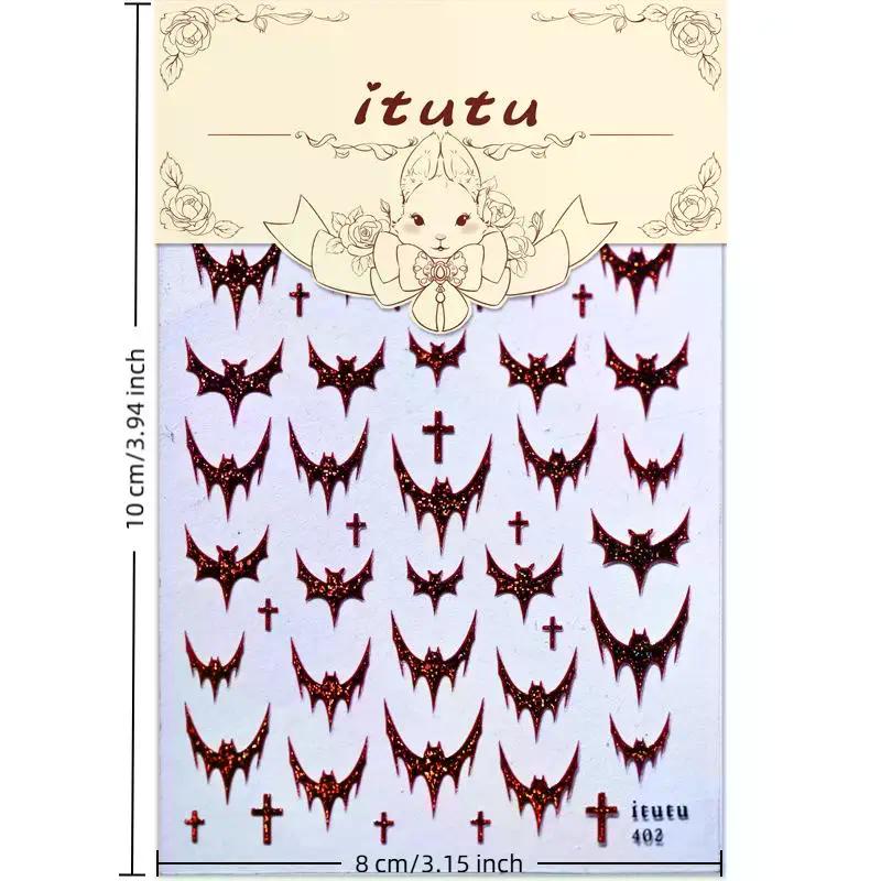 Dazzling Laser Gothic Halloween Nail Art Stickers Shiny Red Silver Black Bat Cross Adhesive Decals for Dark Style Manicure Decor