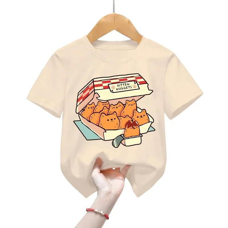 Fast Food Cat T-Shirt Girls Tee Shirts Kids Fashion T-shirts Funny Cat Graphic Tops Cartoons Boys Shirts Clothes