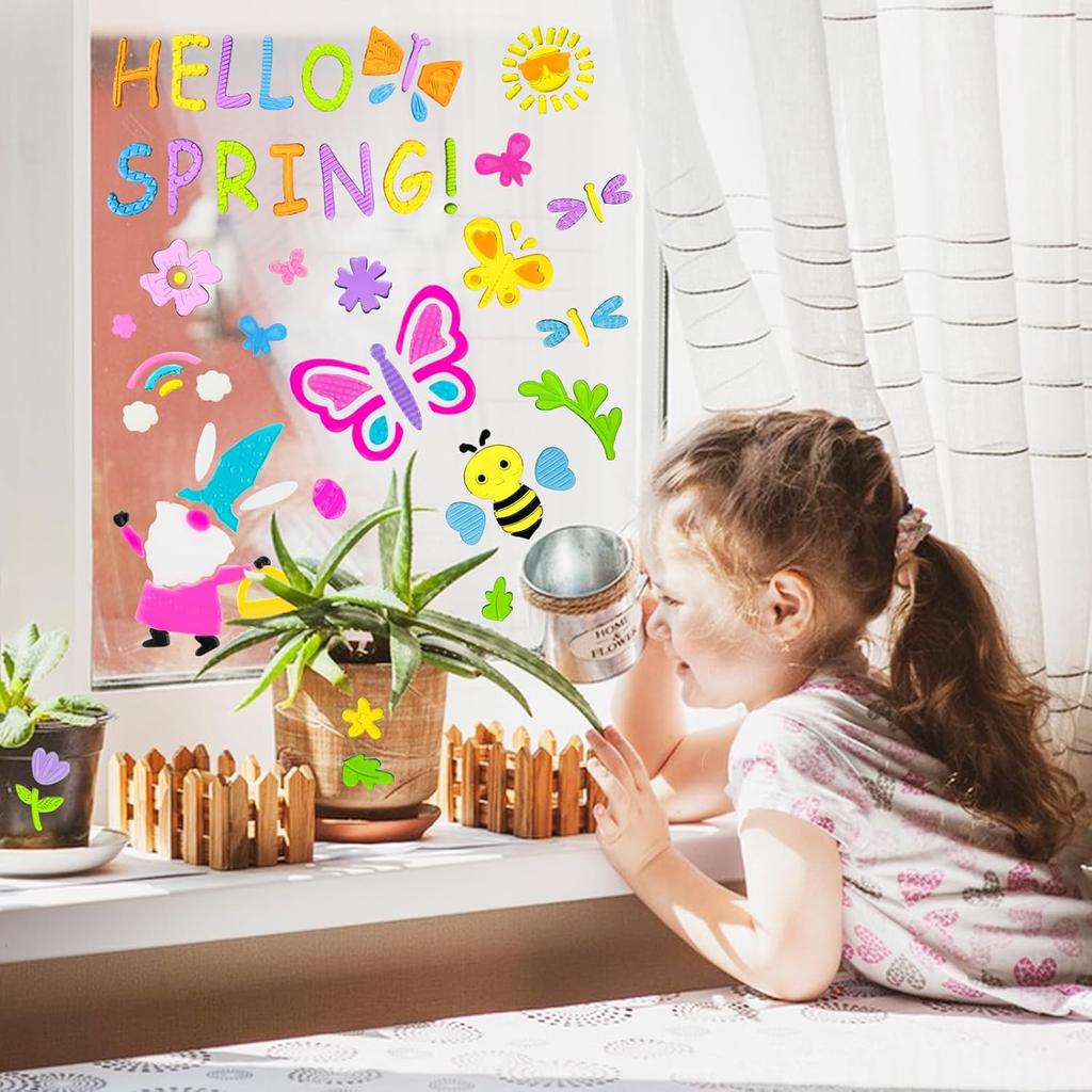 6 Sheets Spring Gel Window Clings,Hello Springs, Flowers, Butterfly Bees, Birds for Spring Decorations, Easter Window Clings Holiday Party