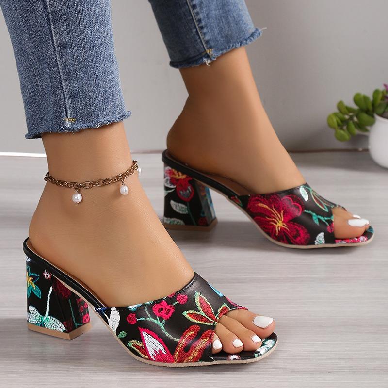 Thick heel one-word slippers women's outer wear summer fashion sandals printed high heel outdoor square head women's sandals