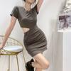 Sexy Waist Slim Short-sleeved Dress Women's Summer Dress New Solid Color High Waist Pleated Hip-wrapped Short Skirt Women's Clothing