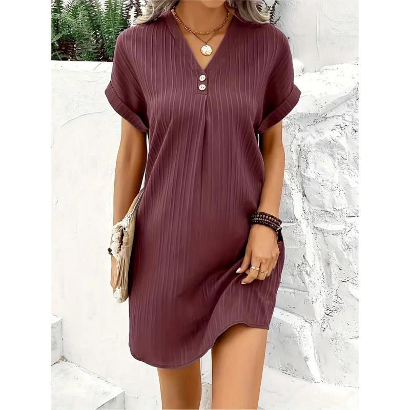 Women's new hot-selling V-neck solid color pullover casual button dress