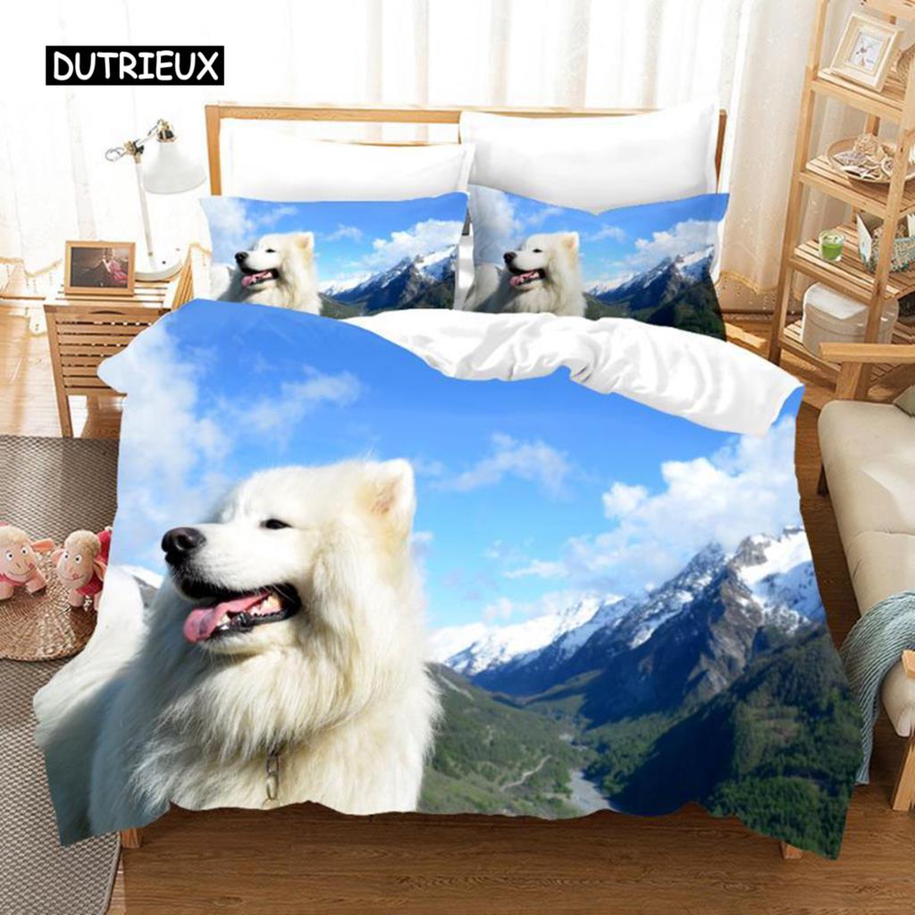 Samoyed Duvet Cover Set Cute Dog Pattern Decor Bedding Set Grass Green for Kids Girls Adults Lovely Animal Polyester Quilt Cover