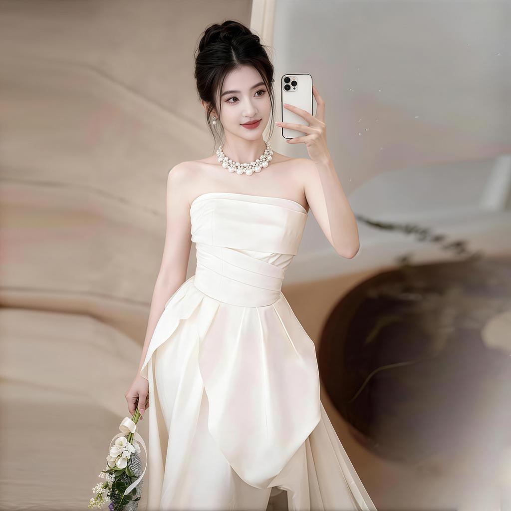 French tube top bride engagement dress women's light luxury niche light wedding dress certificate dress temperament long small white dress