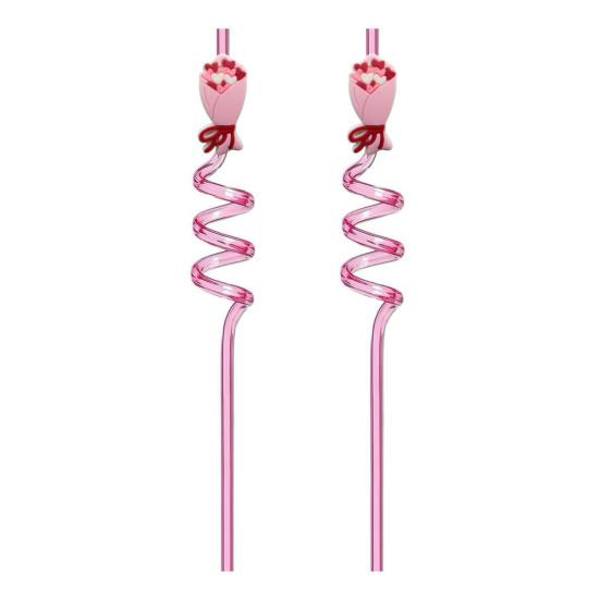 2Pcs Colorful Spiral Straws Creative Drinking Straws with Heart Lip Cake Charm Romantic Pink