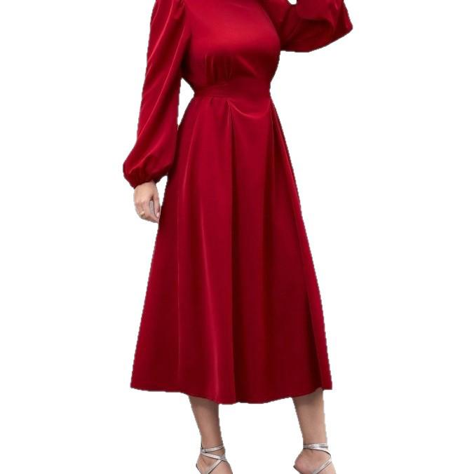 Elegantes A-Linien-Kleid mit hohem Bund, Kragen und langen Ärmeln für den frühen Herbst