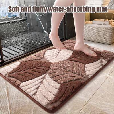 Leaf Pattern Bath Mat Absorbent Bathroom Rug with Anti Slip Bottom Thick Fuzzy Doormat Soft Rug for Bathtub Floor Shower Sink
