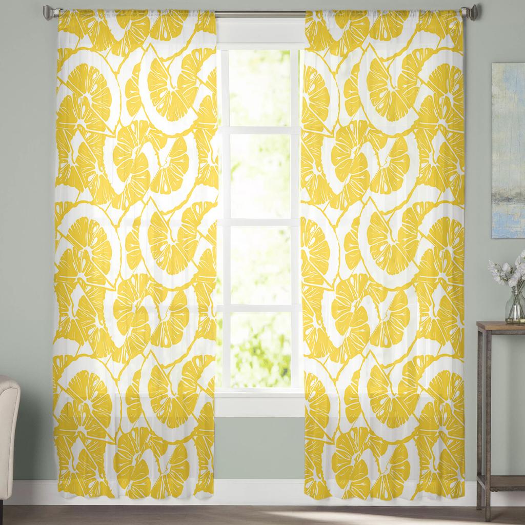 Summer Lemon Fruit Texture Tulle Curtains For Living Room Decoration Modern Chiffon Sheer Voile Kitchen Curtain