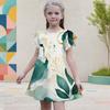 Girls Round Neck Flutter Sleeve A Line Flared Dress Blue Black Gold Printed