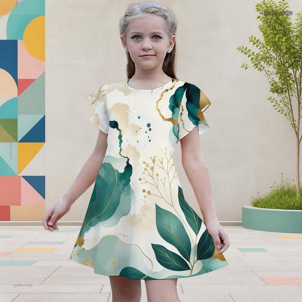 Girls Round Neck Flutter Sleeve A Line Flared Dress Blue Black Gold Printed