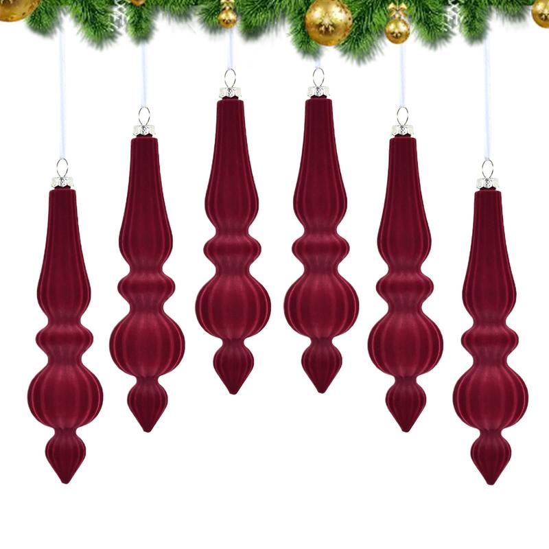 6pcs Flocked Velvet Christmas Gourd Pendant Shatterproof Plastic Christmas Cone Ball Set Reusable Xmas Tree Hanging Ornaments