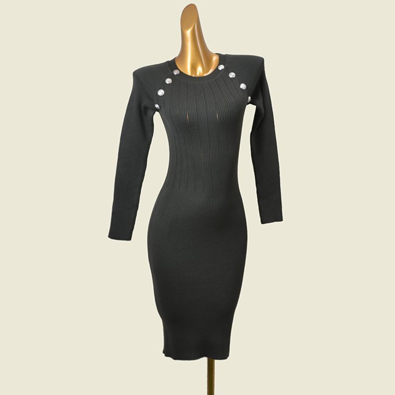 Fashion Style Metal Buckle Sunken Stripe Silm Long Sleeves Knitting Dress Autumn Sexy Sheath Bottom Long Dress