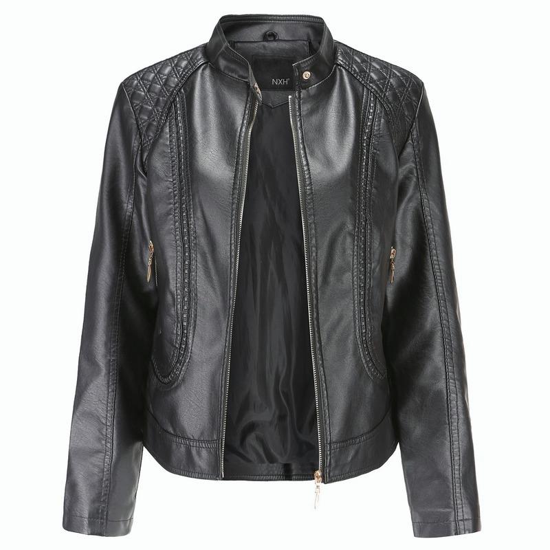 Women Faux Leather Biker Jacket Ladies Stand Collar Zip Coat Outwear