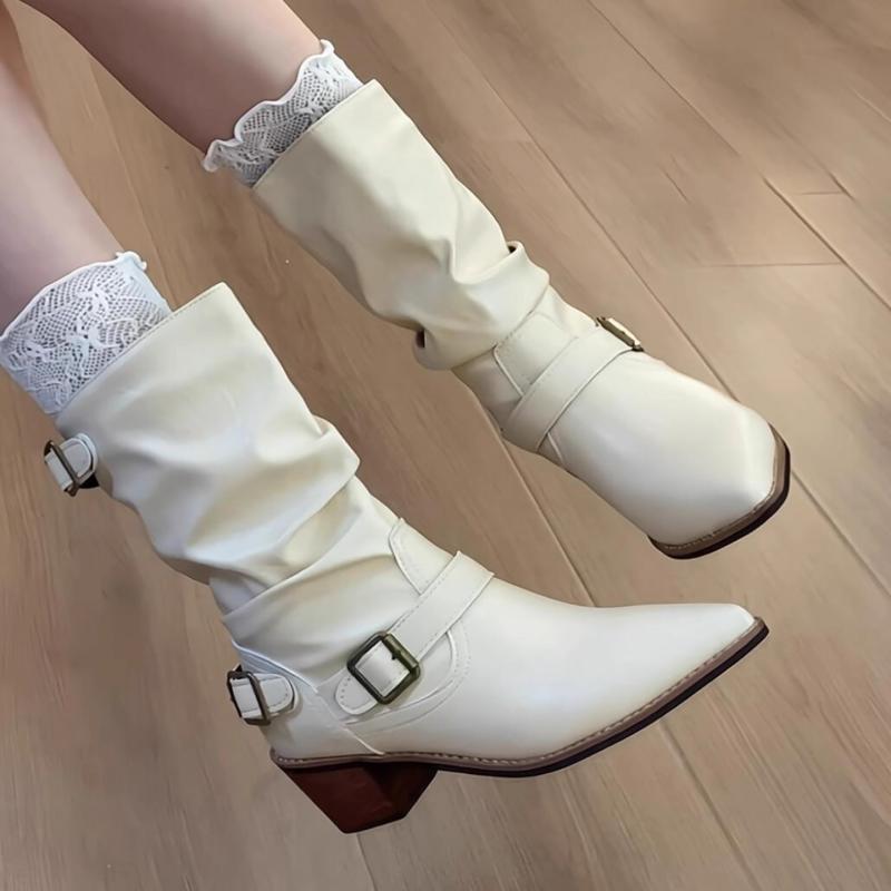 Metal Belt Buckle Riding Boots Women 2025 Autumn Sexy Pointed Toe Medium Heel Western Ankle Boots Casual White Pu Slip On Shoes