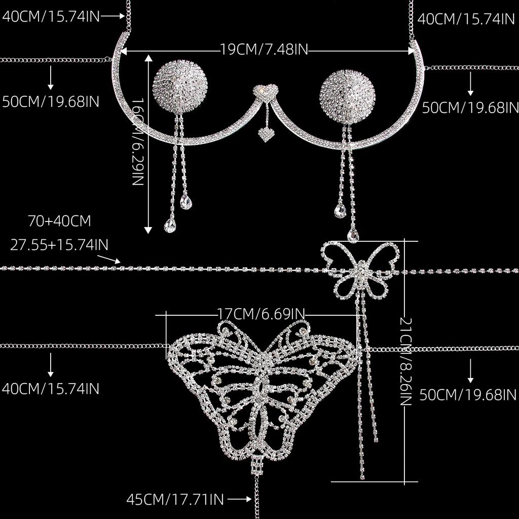 Light luxury butterfly sexy rhinestone chest support waist chain underpants four piece set nightclub charm women's body chain