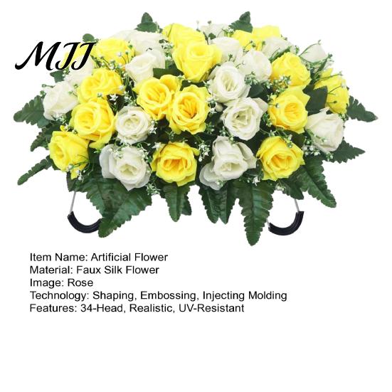 Long-lasting Memorial Flowers Artificial Cemetery Headstone Flower Saddle 34-Head Realistic UV-Resistant Fake Outdoor Bouquet Silk Rose Tombstone