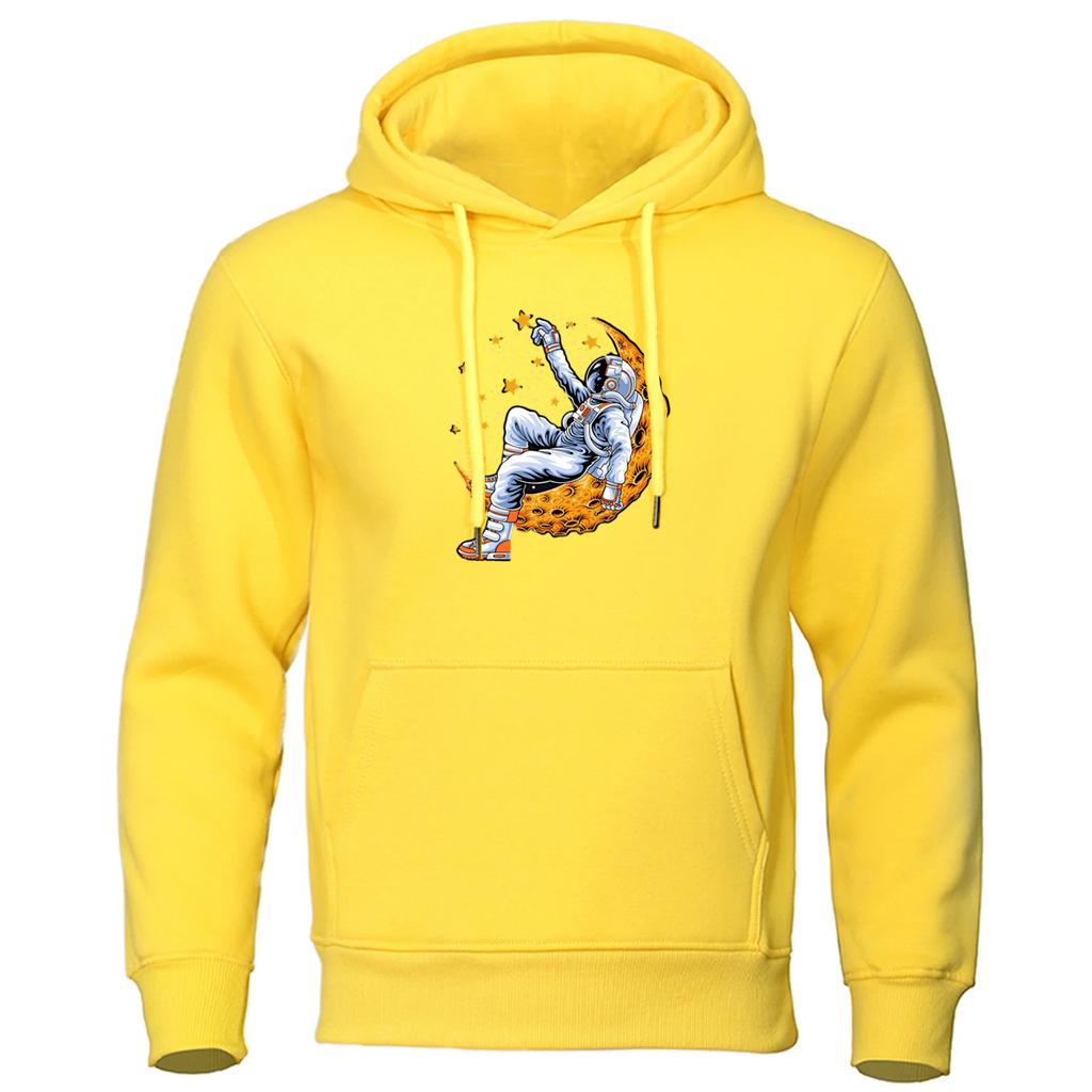 landing moon Men's Spring and Autumn Harajuku Printing Lunar Cleaner Casual Solid Color Pullover Hoodie Drawstring Clothes