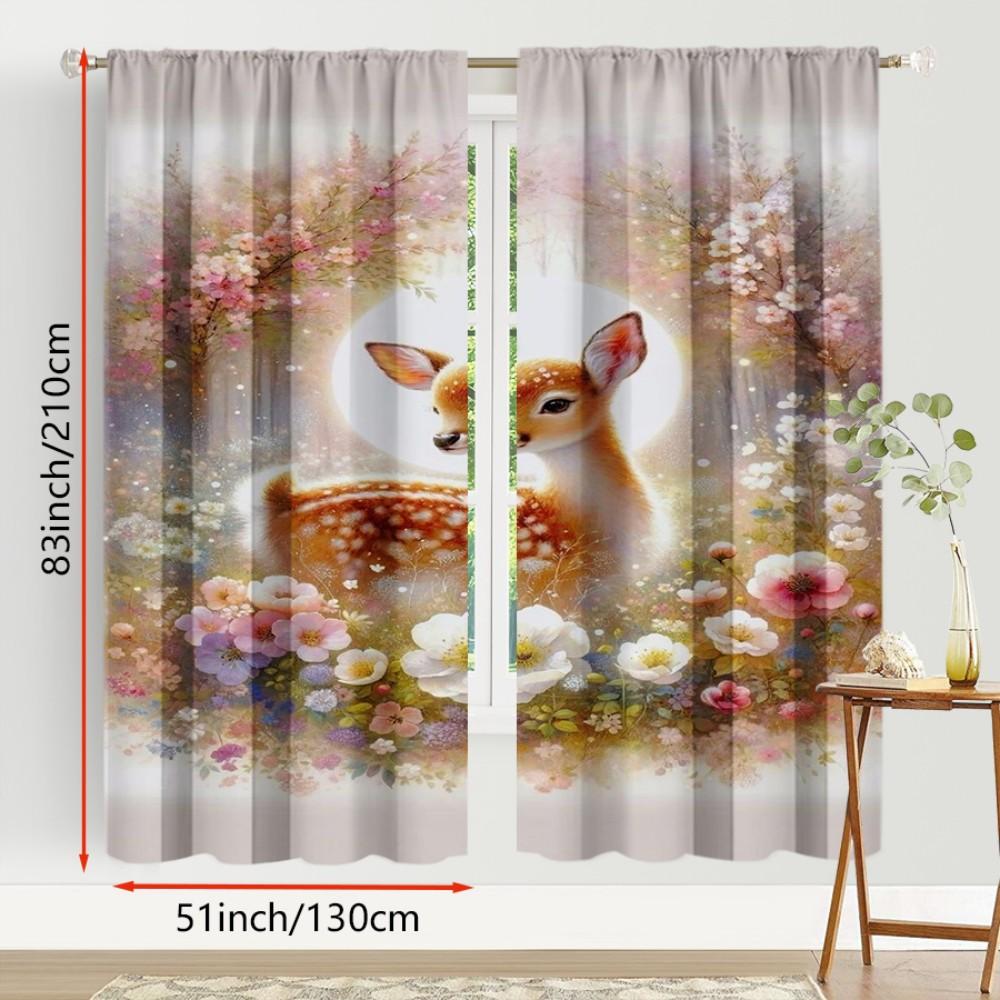 2PCS Digital Print Curtains, Christmas Deer Fawn Floral Woodland Pattern, Cute Animal Style for Xmas Holiday Home Decor