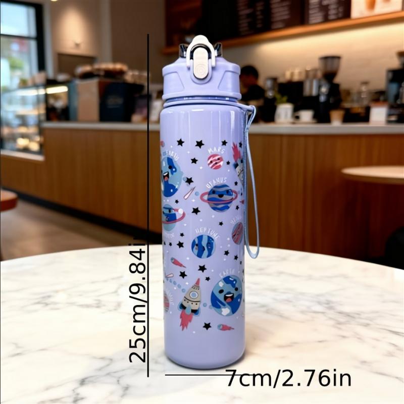 750ml Cute Cartoon Pattern Water Bottle, Large Capacity Portable Leak-Proof Tumbler with Carry Strap and Straw for Sporting