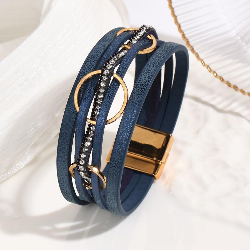 Boho Style Layered Circle PU Leather Bracelet With Alloy Chain Rhinestone Accents Women