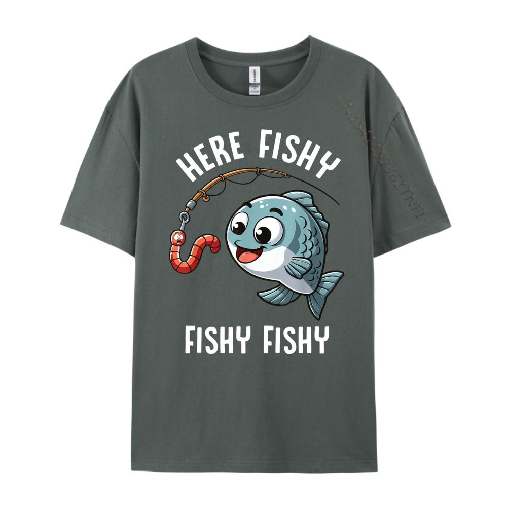 Here Fishy Fishing Funny Worm Cute Fish Fisherman Oversized T Shirt Men Summer Original Mens TShirts Character New Tshirt