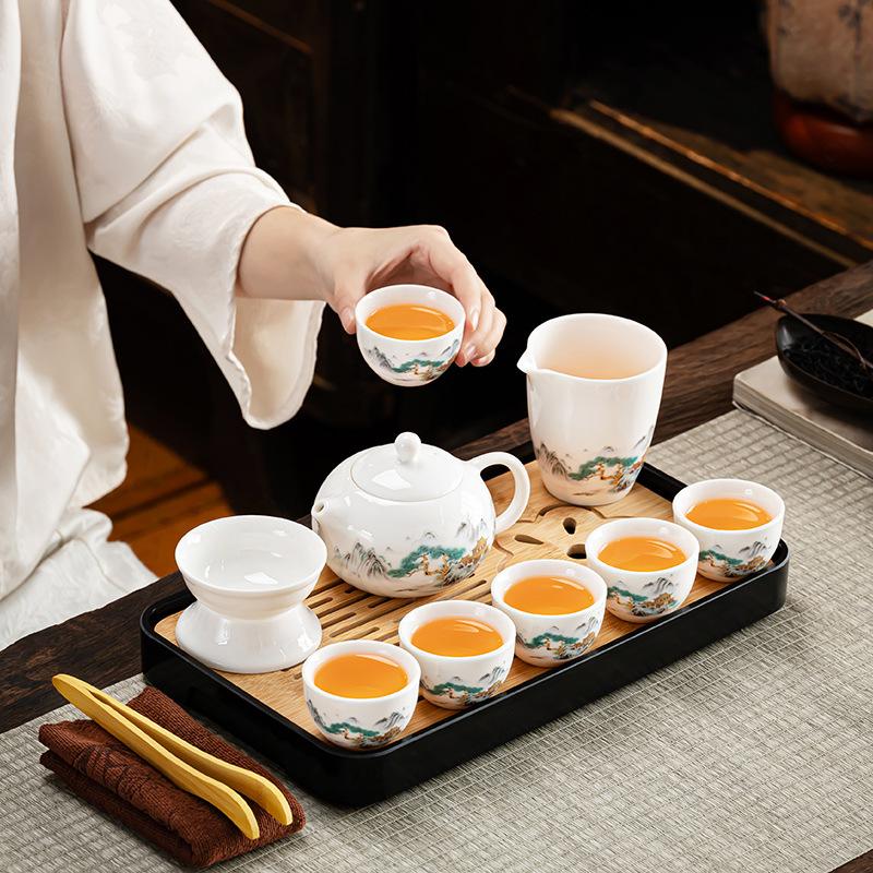 Suet Jade White Porcelain Business Gift Kung Fu Tea Set Portable Outdoor Tea Set Household Cover Bowl Teacup Printing
