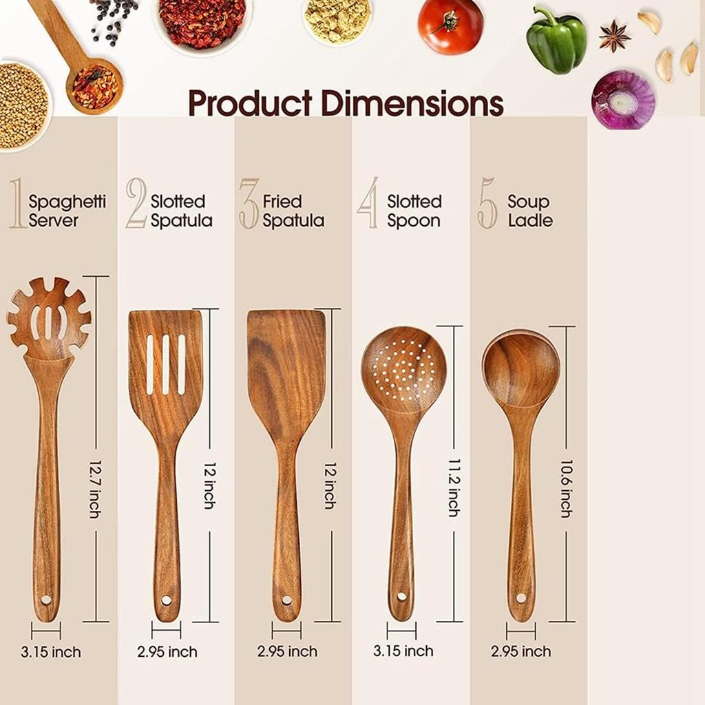 Wooden Utensils for Cooking, 5 Pcs Natural Teak Wooden Kitchen Utensil Set Wooden Spoons for Cooking Wooden Cooking