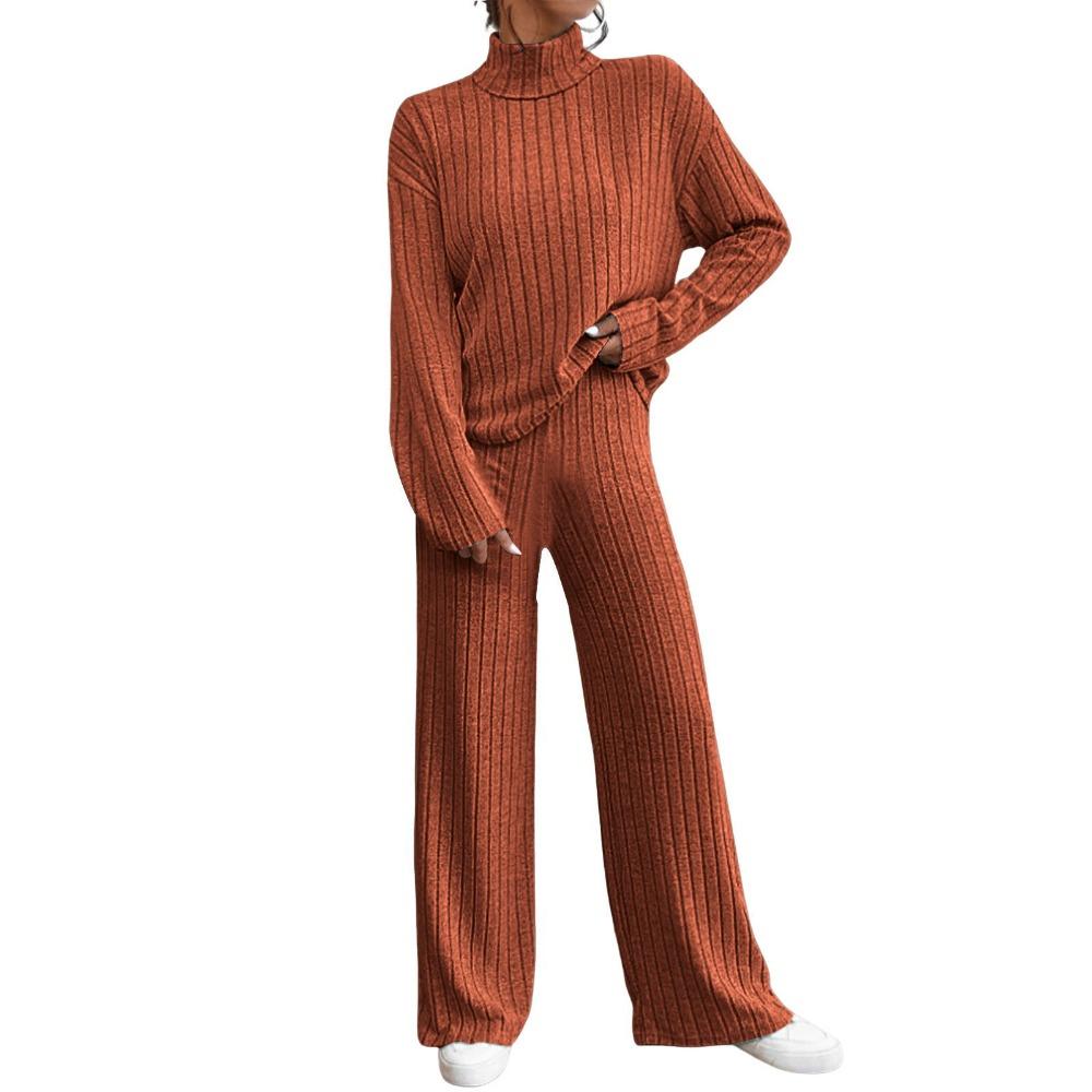 Completo casual da donna in 2 pezzi, felpa a collo alto in maglia a maniche lunghe e set di pantaloni larghi per autunno inverno