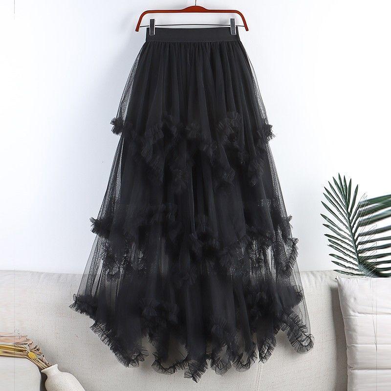 Women's 2024 Summer High-Waist Mesh A-Line Ruffled Skirt - Irregular Mid-Length Niche Style