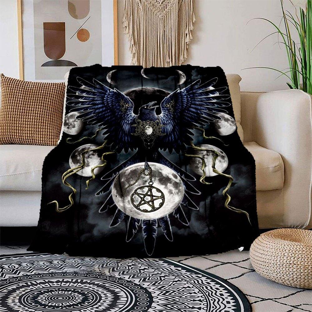 

Enchanted Raven Moon Phase Wall Art Print Blanket Flannel Throw Blanket for Sofa, Bed, Travel, Camping, Office, Couch, Chair, And Bed Gift 150x180cm