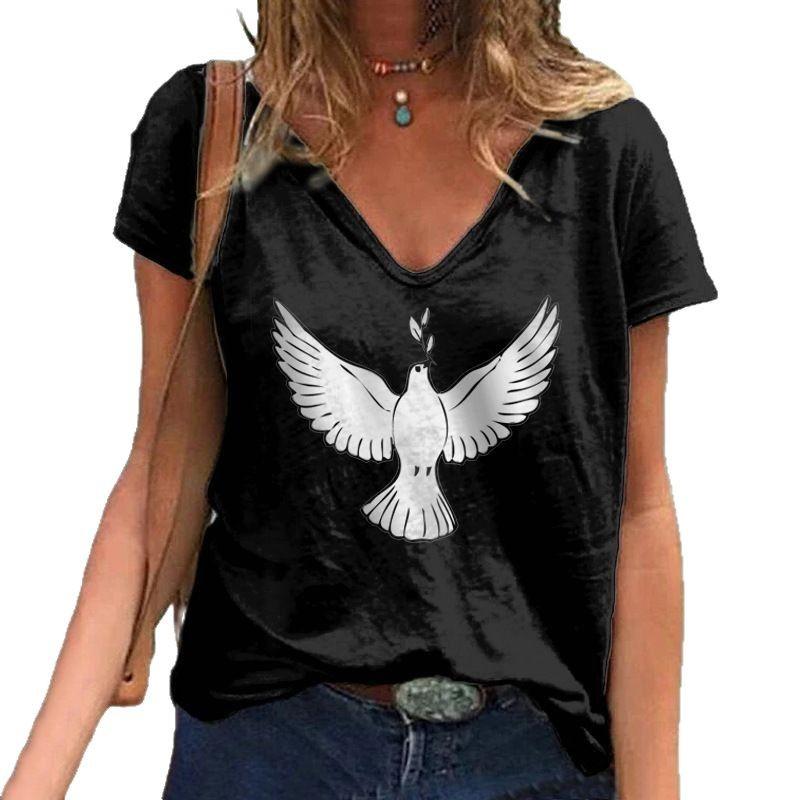 Summer V-neck 3D Pigeon Printed Top Fashionable Casual Short Sleeved Women's T-shirts